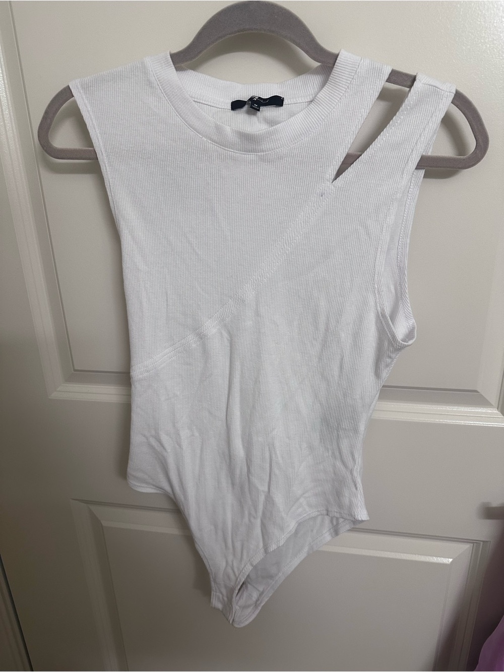 7 For All Mankind White Ribbed Asymmetric Cutout Bodysuit